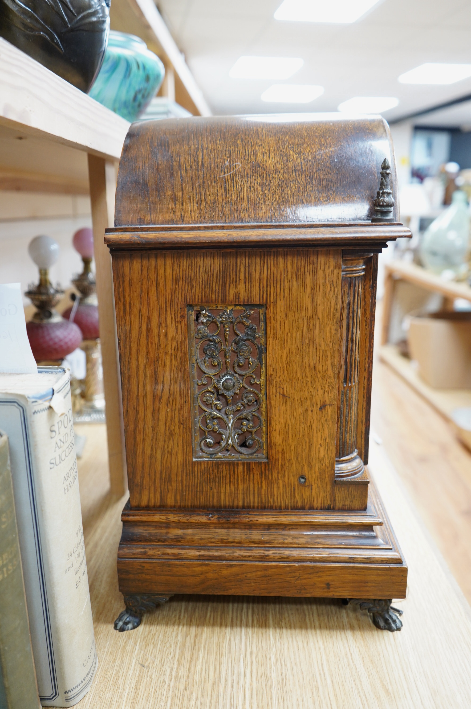 A Victorian W&H oak chiming three train bracket clock with key and pendulum, 46cm tall. Condition - fair to good.